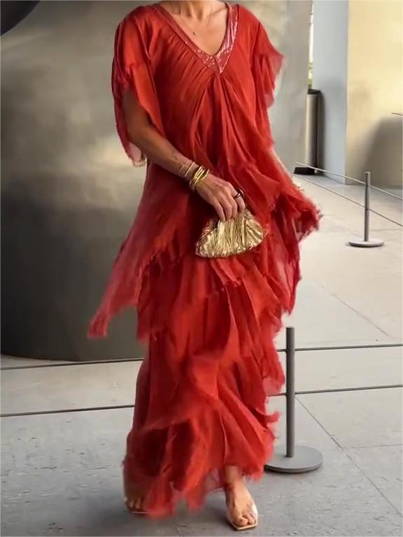 Variant image for Dam Maxiklänning V-ringning Bohemisk Stil Lätt Material-7