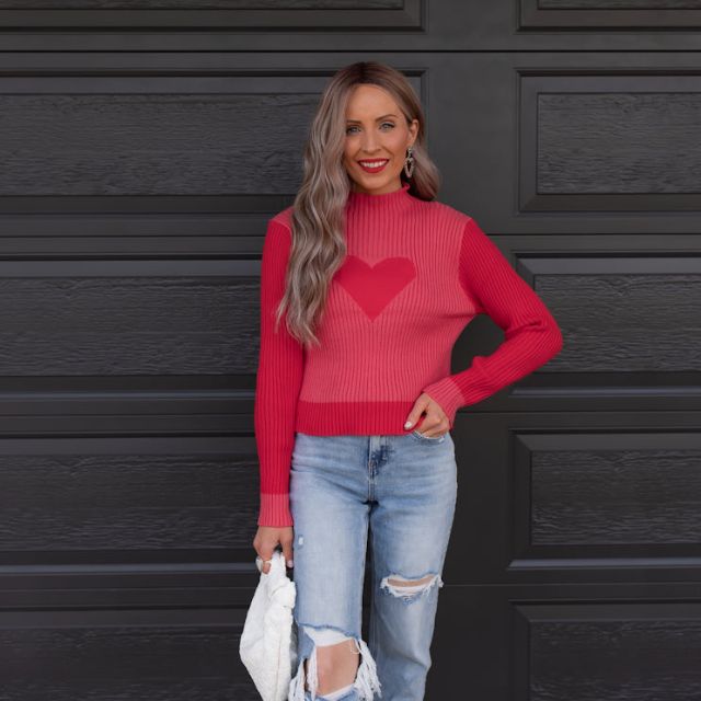 Dam Ribbad Sticktröja Hjärtdesign Akryl-2