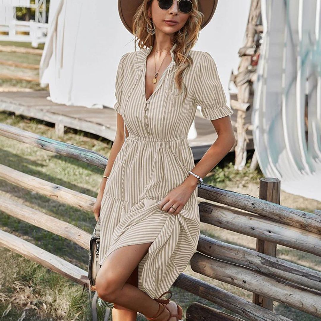 Kvinna Midi Klänning Detaljer Polyester-6