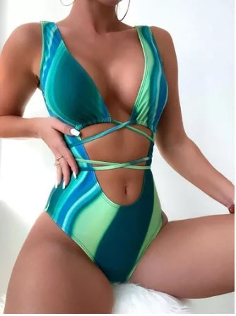 Baddräkt Dam Abstrakt Mönster med Utskärningar i Högkvalitativ Nylon-Spandex 3