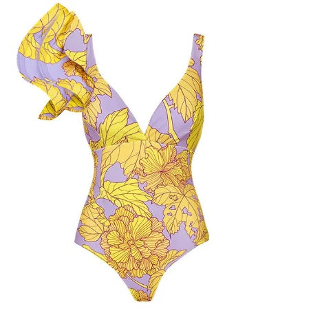 Blommig Baddräkt Dam med Ruffles och V-Hals – Bekväm Shaping Baddräkt i Nylon och Spandex 2