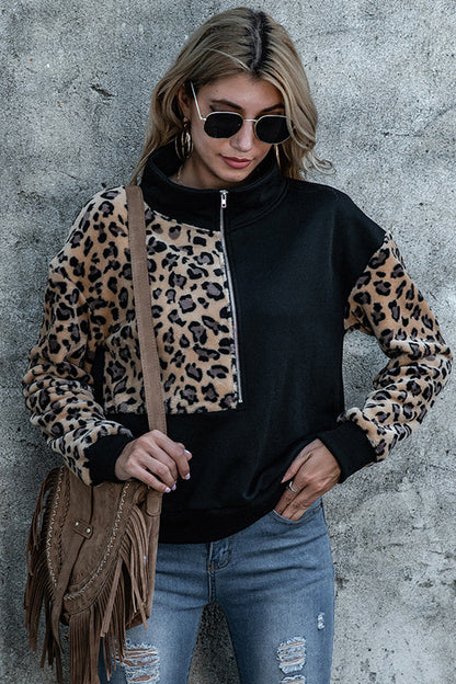 Lång Hoodie Dam Leopardtryck Polyester med Ståkrage och Långa Ärmar-3