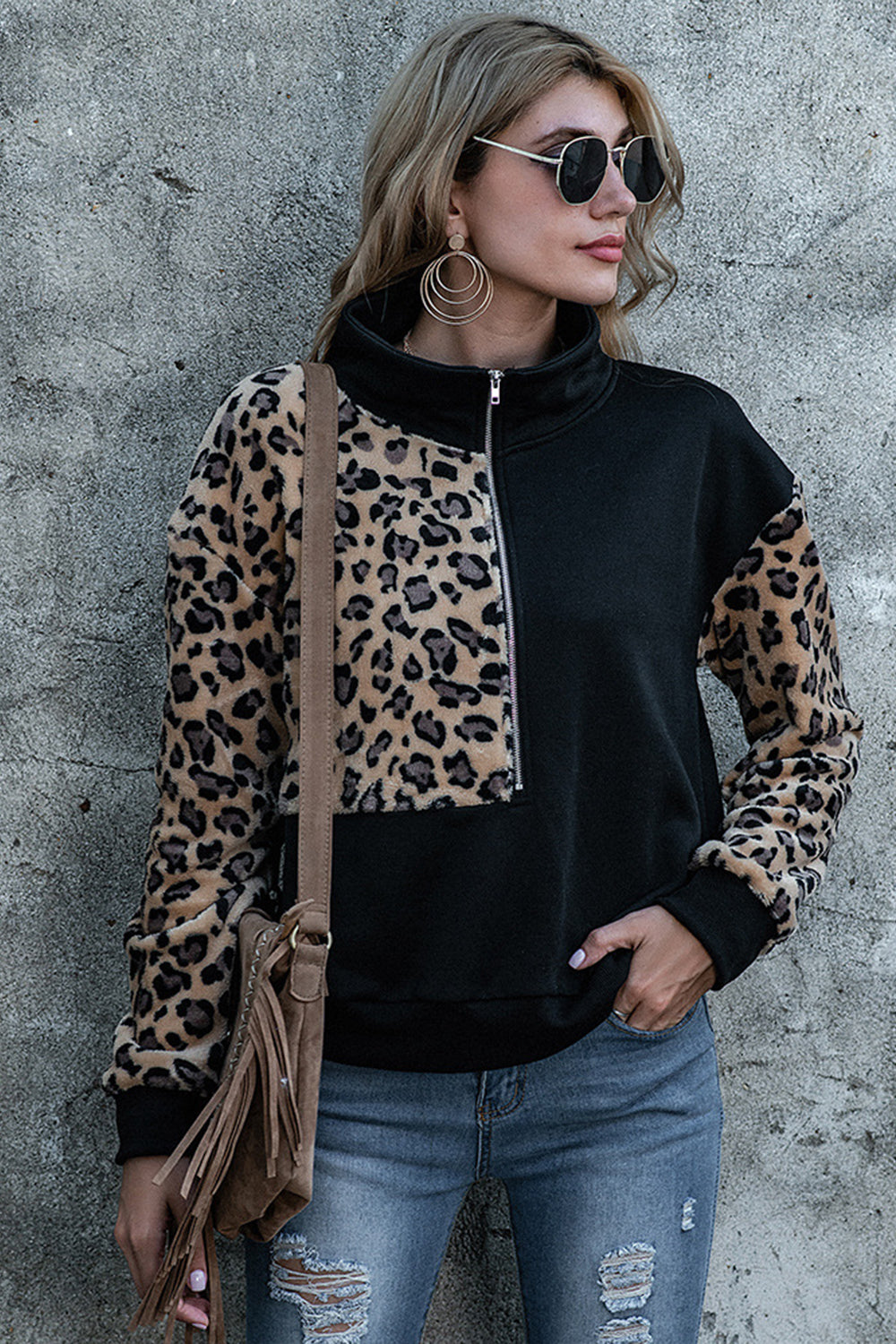 Lång Hoodie Dam Leopardtryck Polyester med Ståkrage och Långa Ärmar-4