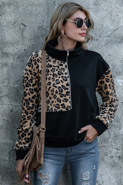 Lång Hoodie Dam Leopardtryck Polyester med Ståkrage och Långa Ärmar-4