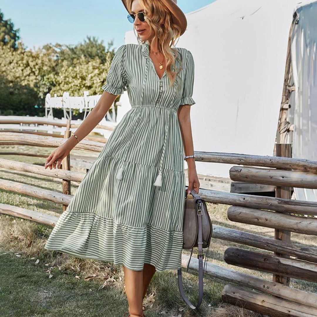 Kvinna Midi Klänning Detaljer Polyester-4