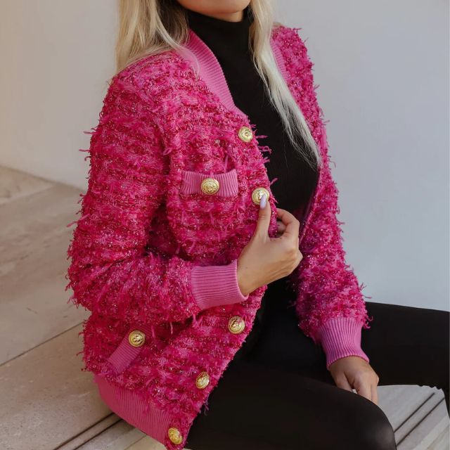 Damjacka Bouclé med Knappdetaljer och Ribbad Trim-3