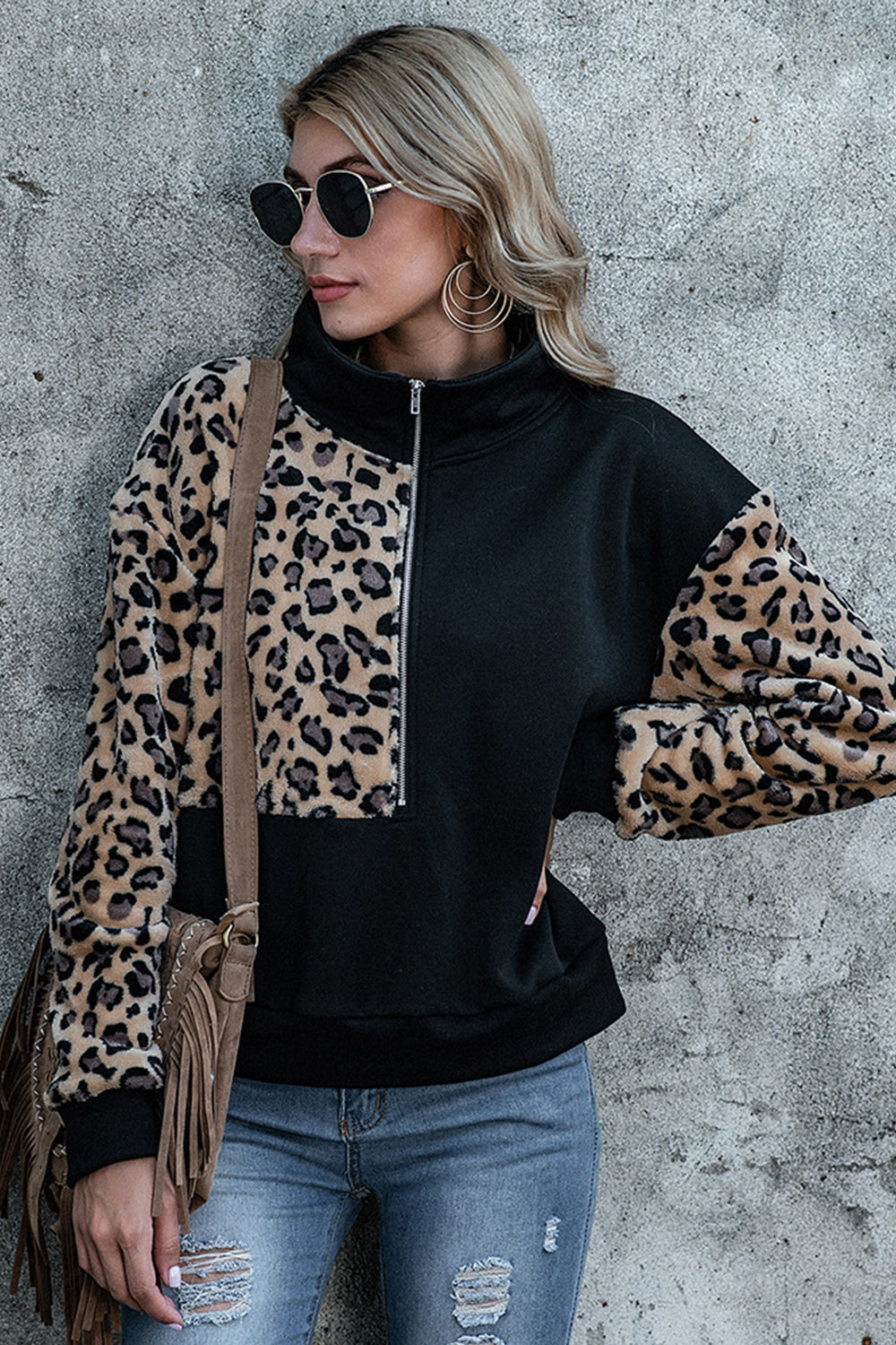 Lång Hoodie Dam Leopardtryck Polyester med Ståkrage och Långa Ärmar-5