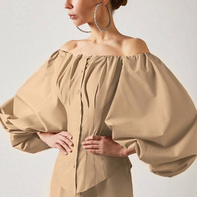 Kvinnors Pufftop Låg Profil Bomull Lykta Ärmar-6