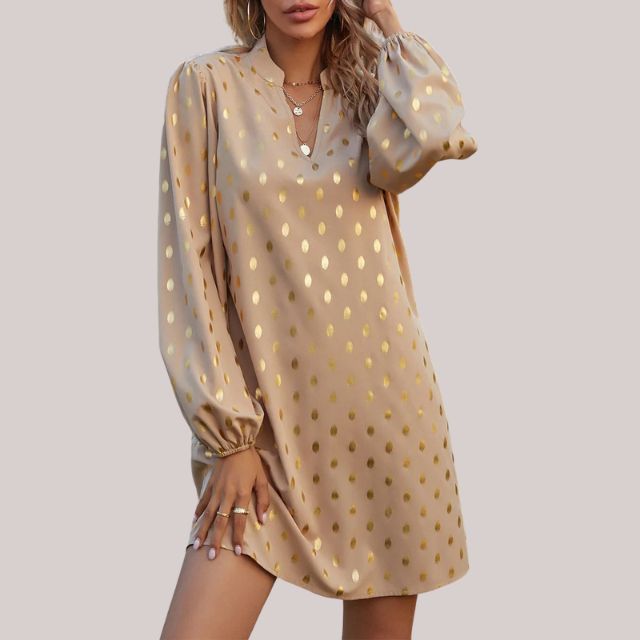 Kvinna Skiftklänning Mjuk Punktmönster Långärmad Tyg-3