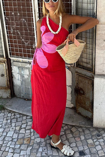 Maxiklänning Dam Asymmetrisk Blommönster Bomull Polyester-2