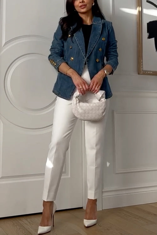 Dam Blazer Dubbelknäppt Denim med Reverskrage och Bekväm Passform-3