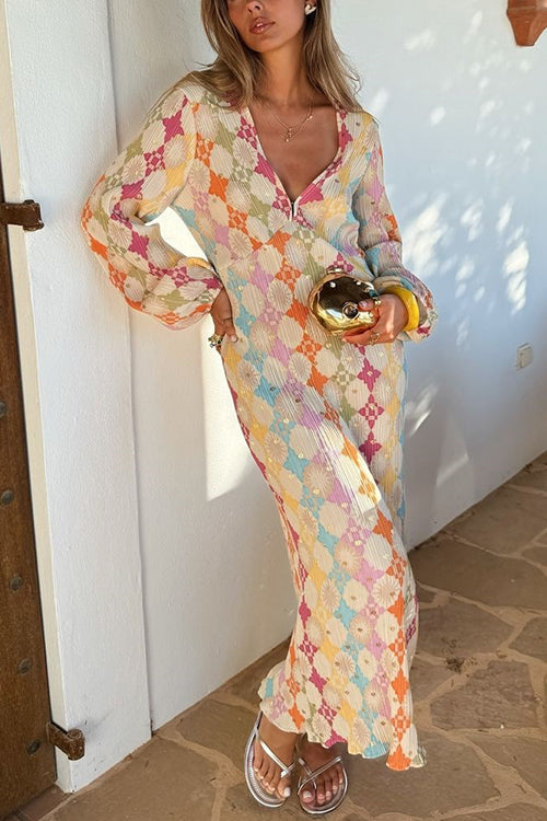 Dam Maxiklänning V-ringning Lykta Ärmar Geometrisk Design Bomull Polyester-1