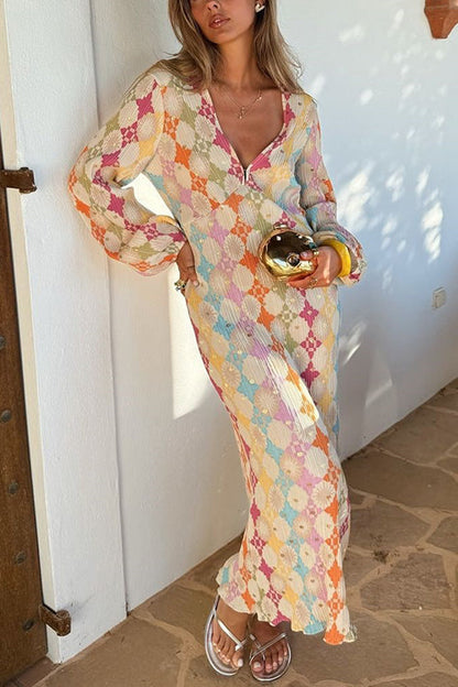 Dam Maxiklänning V-ringning Lykta Ärmar Geometrisk Design Bomull Polyester-1