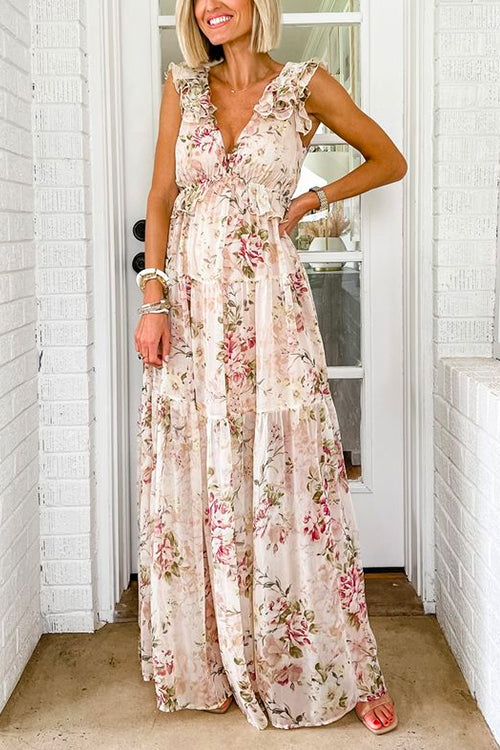 Dam Maxiklänning V-ringning Blommönster Bomull Polyester-1