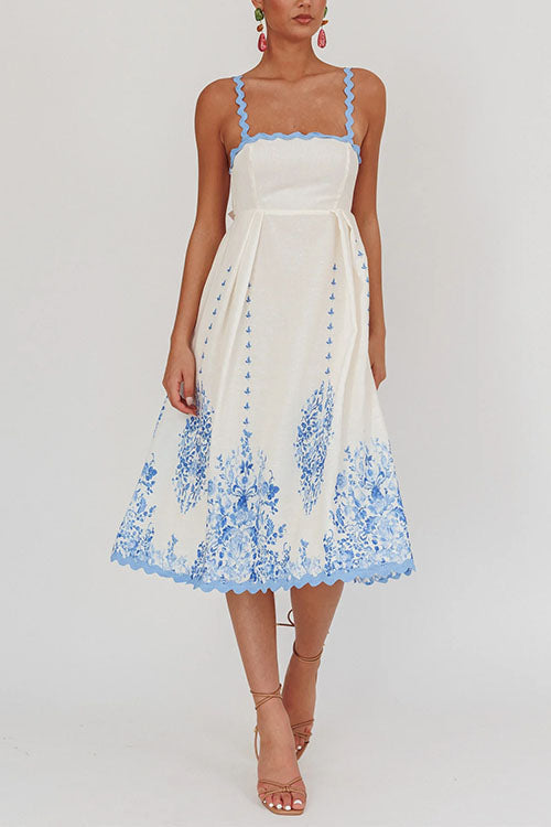 Kvinna Midi Klänning Blommönster Ric-Rac Detaljer Bomull Polyester-5