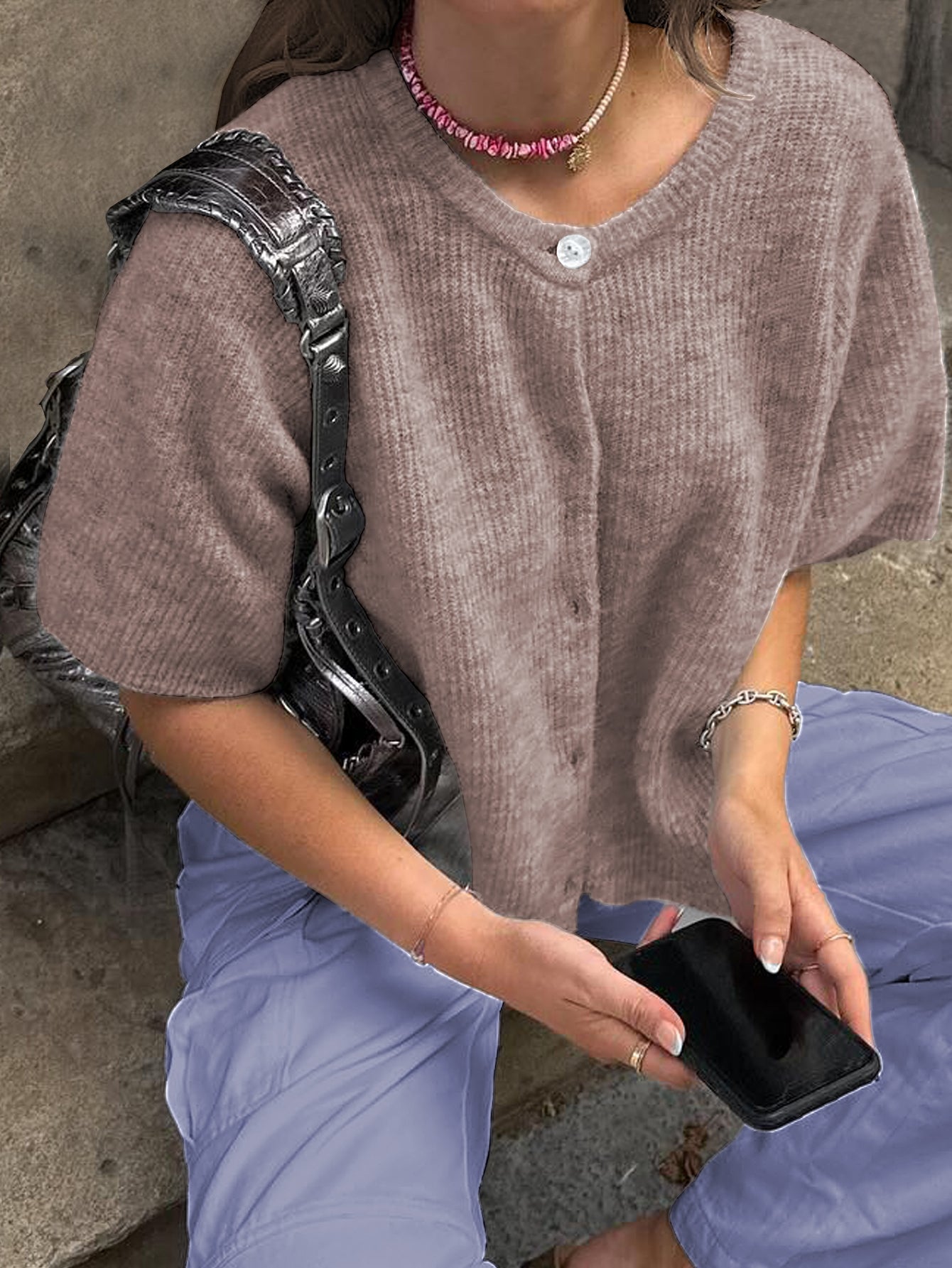 Kortärmad Stickad Tröja Dam Flerfärgad Akryl Nylon Polyester 14