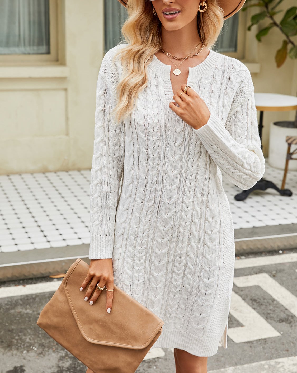 Kvinnors Stickad Klänning Kabelstickning med Skåra-6