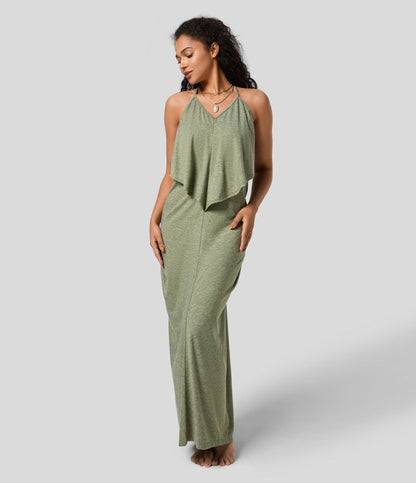Maxiklänning Dam V-ringning Baklös Fyrvägs Stretch Polyester 7