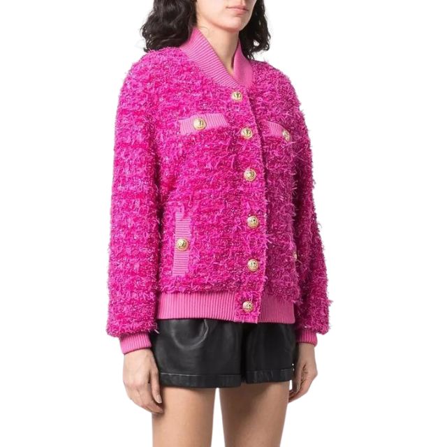 Damjacka Bouclé med Knappdetaljer och Ribbad Trim-4