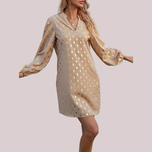 Kvinna Skiftklänning Mjuk Punktmönster Långärmad Tyg-5