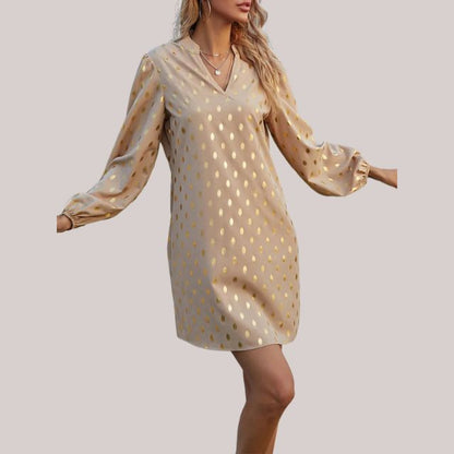 Kvinna Skiftklänning Mjuk Punktmönster Långärmad Tyg-5