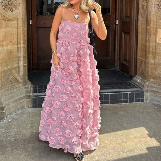 Maxiklänning Dam Tyll med Blommor A-linje Silhuett-1
