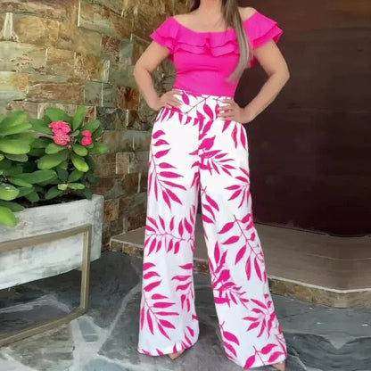 Dam Tvådelad Uppsättning Rufsad Topp Syntetfibrer Mönstrade Byxor-2