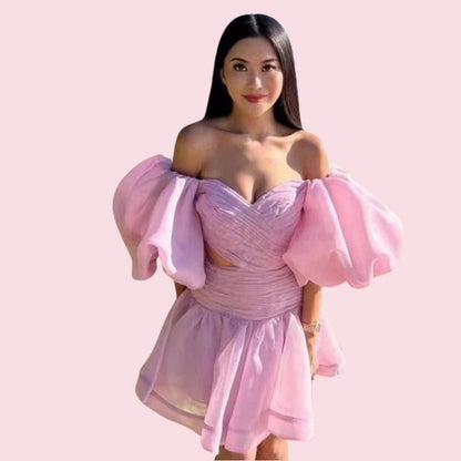 Dam Miniklänning Puffärmar Organza Elegant Silhuett-5