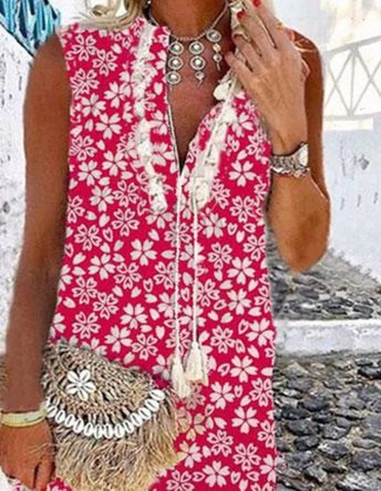 Kvinnors Midi Klänning Ärmlös V-hals Tryckt Polyester 5