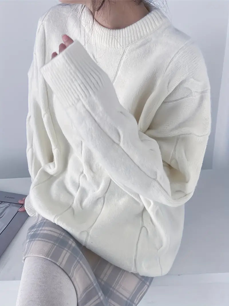 Dam Stickad Tröja Flätmönster Mjuk Enkelfärgad Vintermode-3