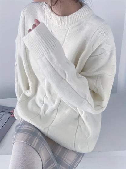 Dam Stickad Tröja Flätmönster Mjuk Enkelfärgad Vintermode-3