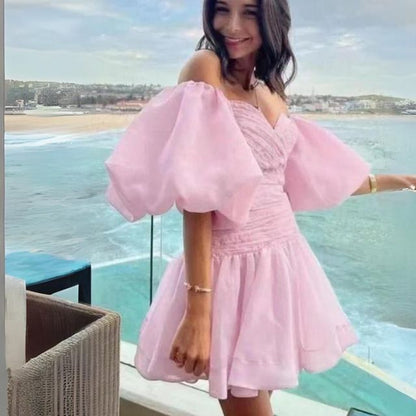 Dam Miniklänning Puffärmar Organza Elegant Silhuett-4