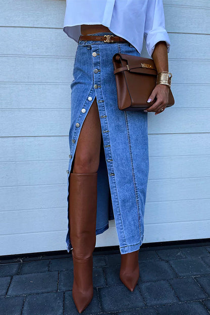 Dam Denimrock Hög Midja Slits Bomullsblandning-4