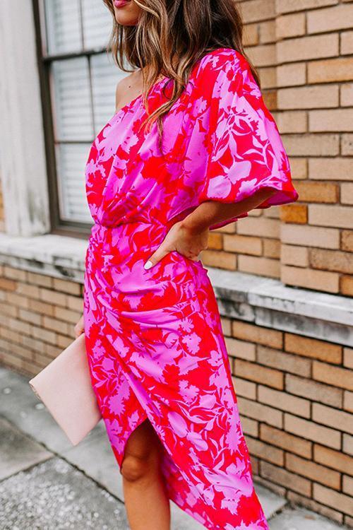 Fina Dam Klänningar Blommig En Axel Rynkad Bomull och Polyester-4