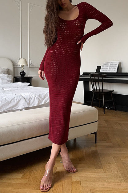 Kvinnors Midi Klänning Långa Ärmar Virkad Bomull Polyester-1