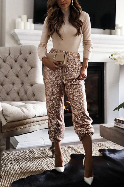 Dam Joggerbyxor med Glittrande Paljetter och Elastisk Midja-2