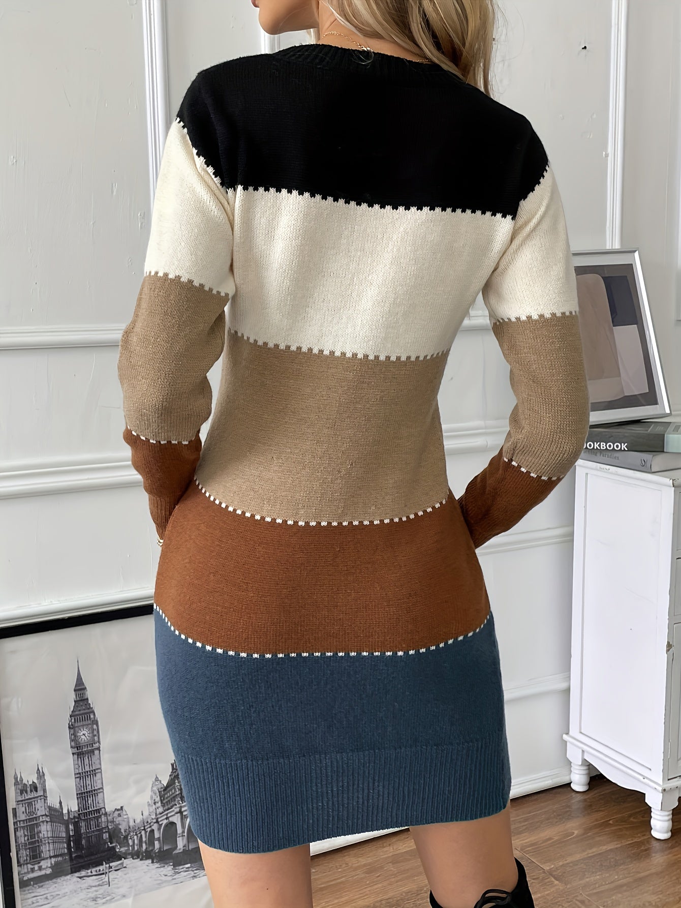 Kvinnors Långärmad Klänning Färgblock Design Högkvalitativt Tyg-3