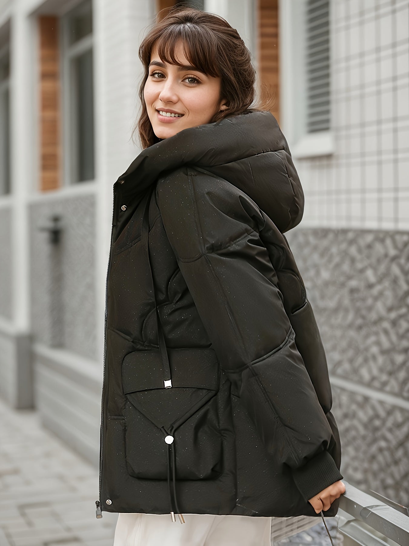 Lång Vinterrock Dam Med Huva Casual Polyester-4