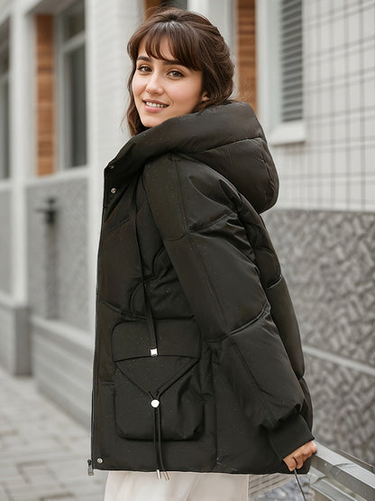 Lång Vinterrock Dam Med Huva Casual Polyester-4