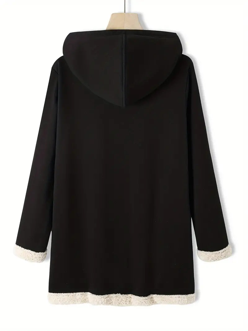 Dam Fleece Kappa med Huva Vinter Svart-4