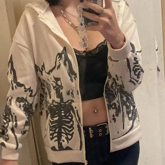 Dam Hoodie Skeletttryck Mjuk Bomull-1