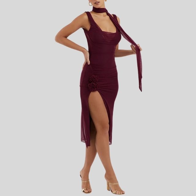 Damklänning Asymmetrisk Mesh med Sidospår och Hög Krage-5