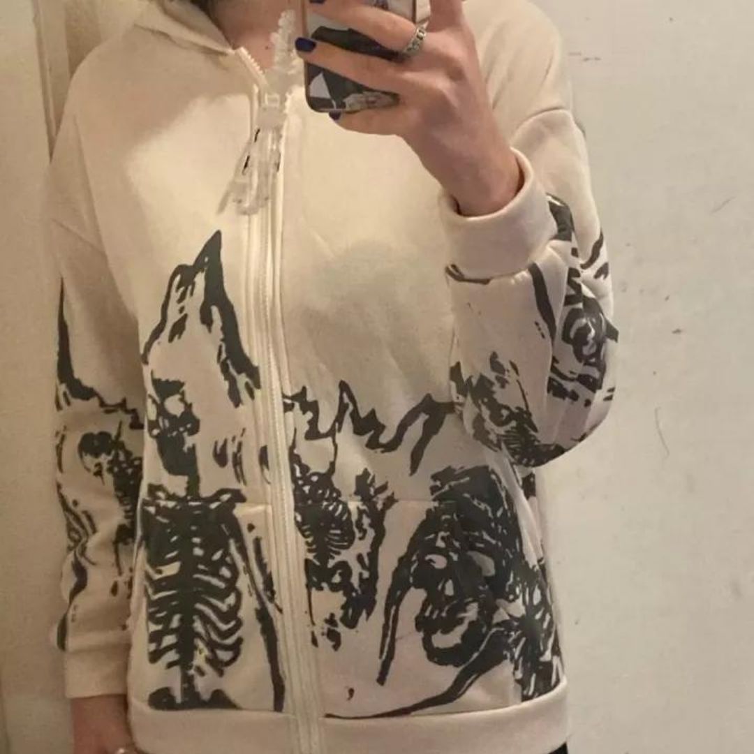 Dam Hoodie Skeletttryck Mjuk Bomull-2