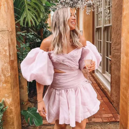 Dam Miniklänning Puffärmar Organza Elegant Silhuett-2