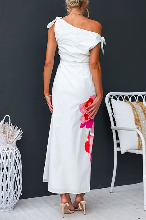 Damklänning Asymmetrisk Blommönster Sidoslits Bomull Polyester-4