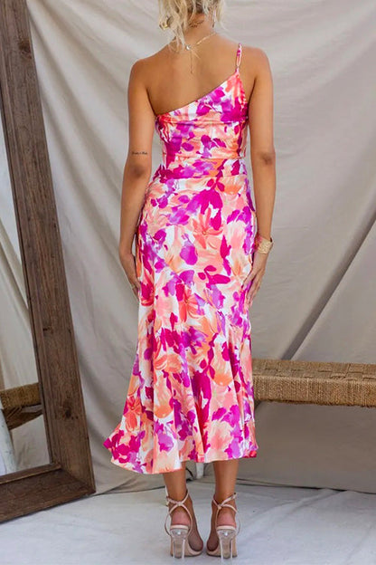 Dam Klänning En Axel Blommig Hög Midja Sjöjungfru Bomull Polyester-3