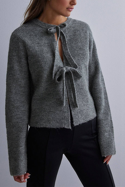 Stickad Dam Tröja Rund Halsringning med Slinge Detalj i Ribbstickning-4