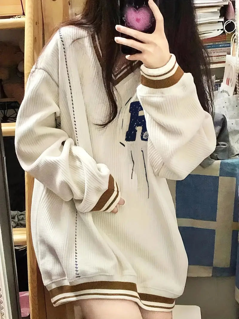 Dam Stickad Tröja V-ringning R-mönster Mjuk Material-2