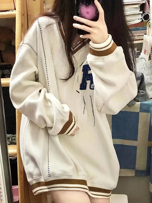 Dam Stickad Tröja V-ringning R-mönster Mjuk Material-1