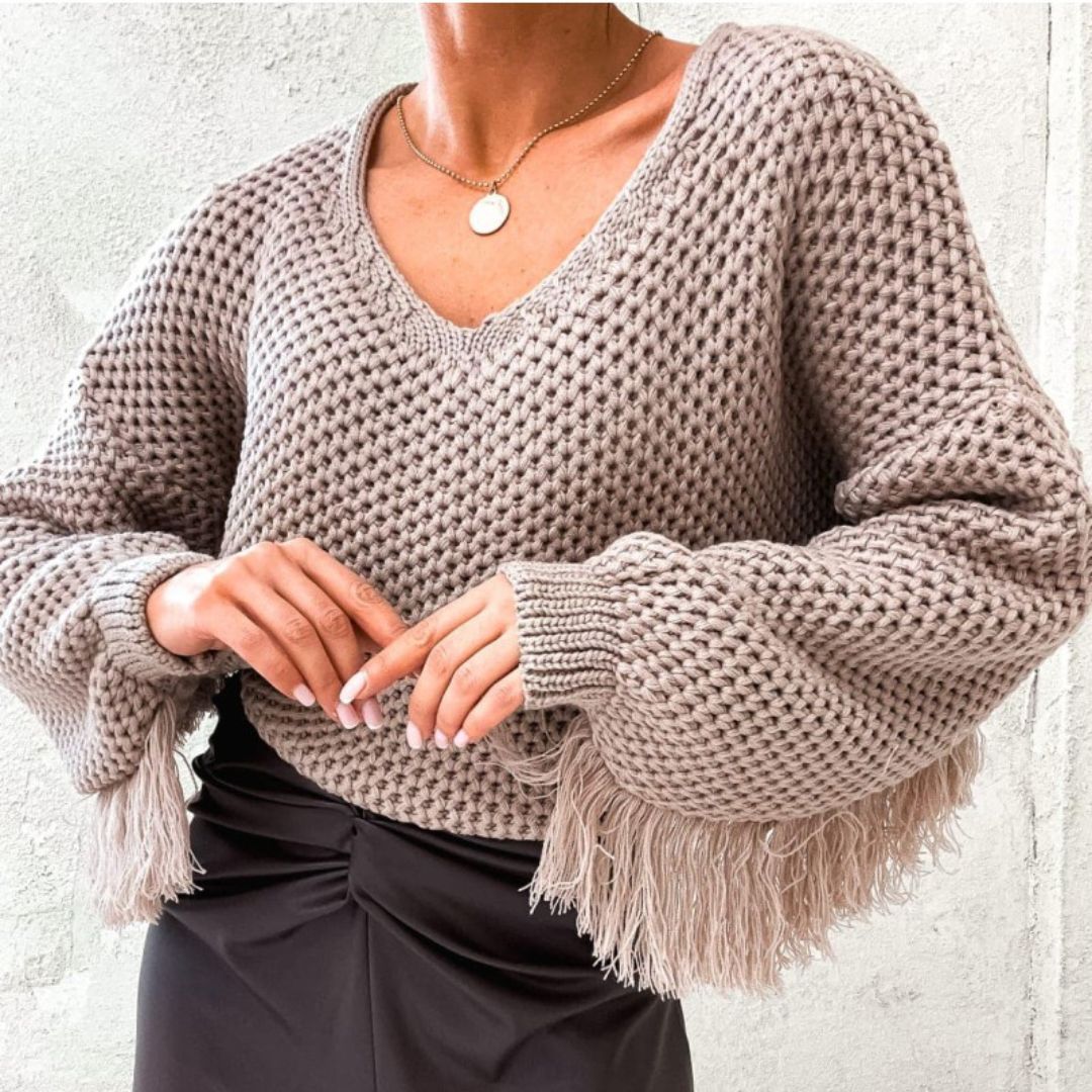 Dam Pullover Med Fransar Mjuk Akryl-3